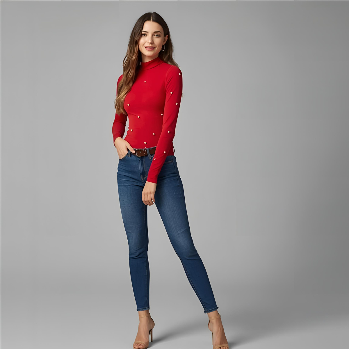 RUBELLA | Red Long-Sleeve Top with Pearl Details