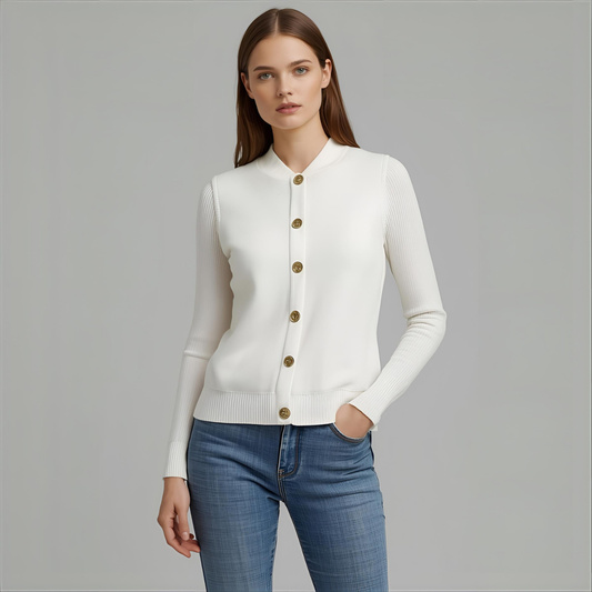ALBESSA | Elegant White Long-Sleeve Vest Featuring Gold Buttons