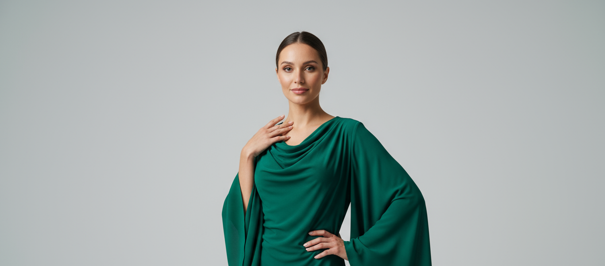 woman model wearing green long sleeve, background light grey needs to look professional